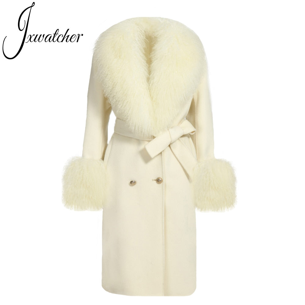 Wool Cashmere Coat With Luxury Real Mongolian Sheep Fur Collar