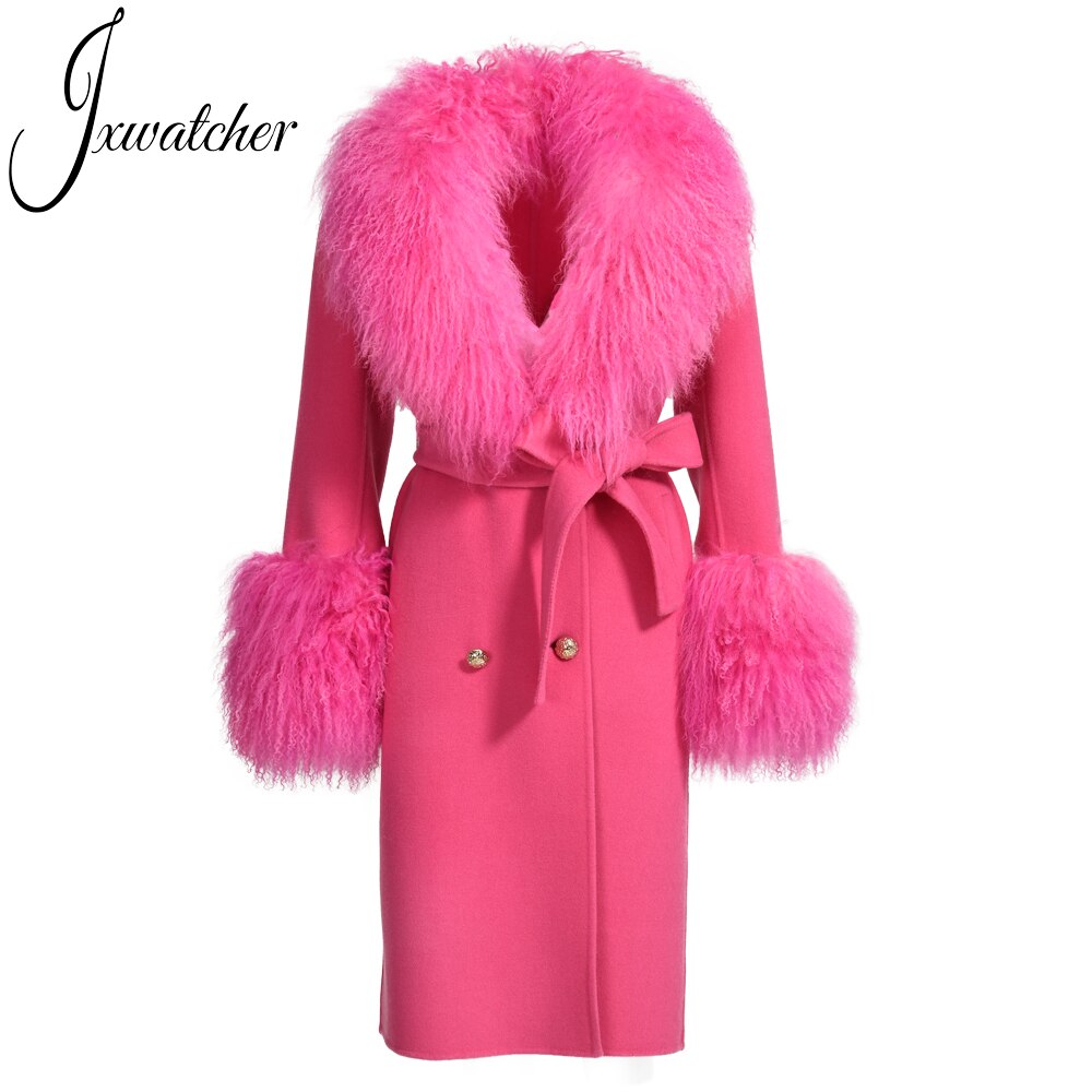 Wool Cashmere Coat With Luxury Real Mongolian Sheep Fur Collar