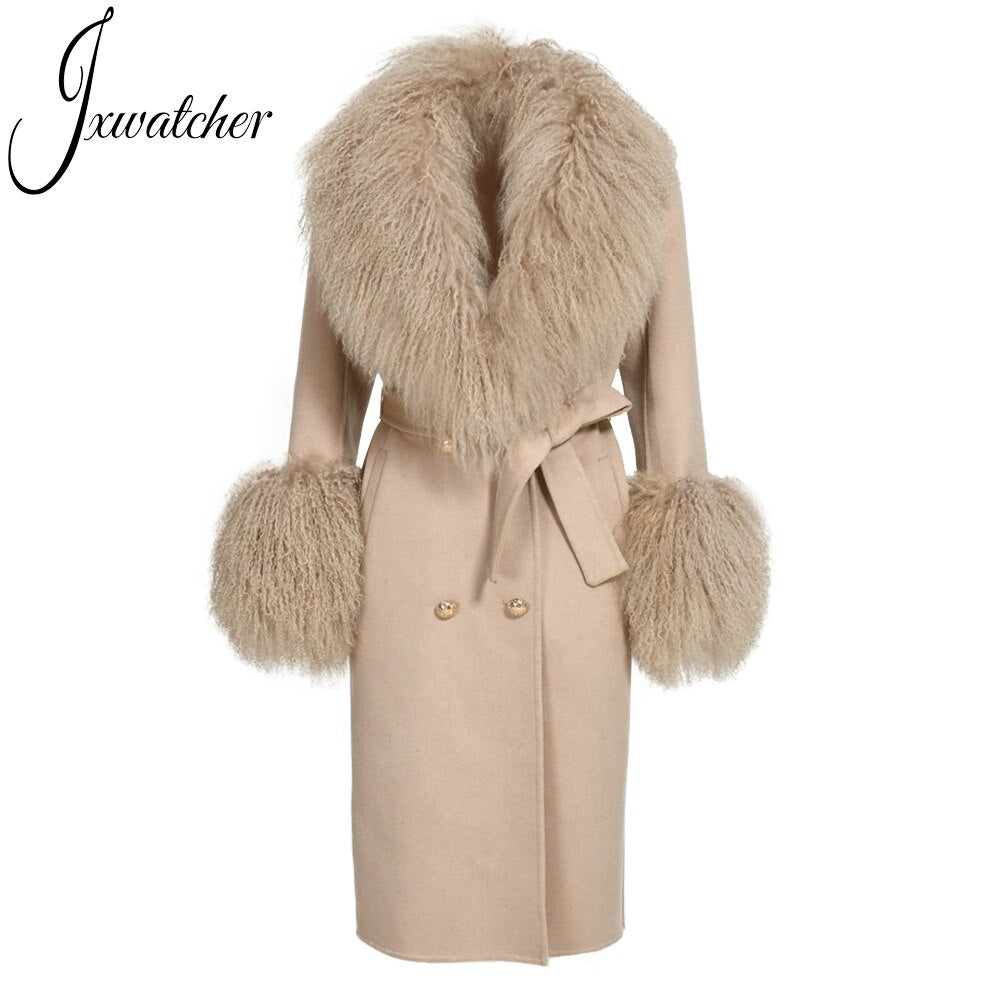 Wool Cashmere Coat With Luxury Real Mongolian Sheep Fur Collar