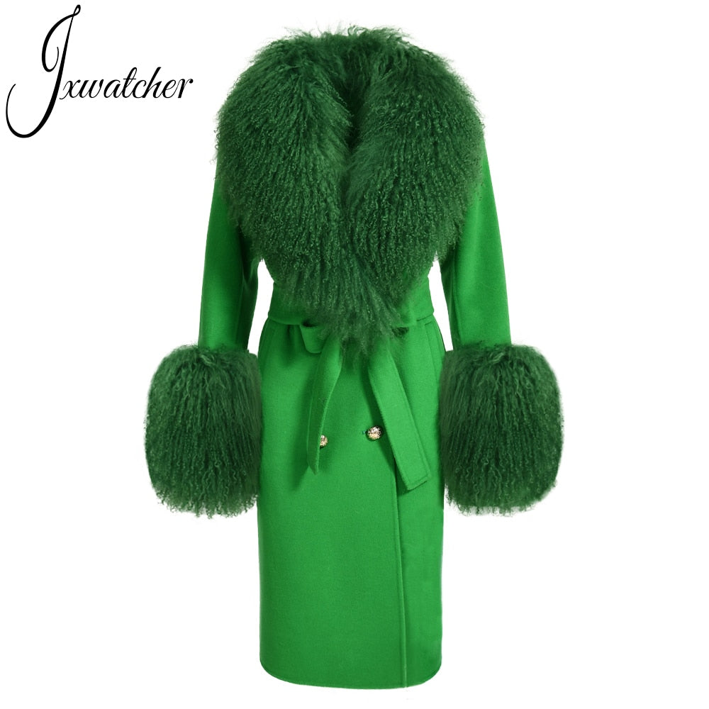 Wool Cashmere Coat With Luxury Real Mongolian Sheep Fur Collar