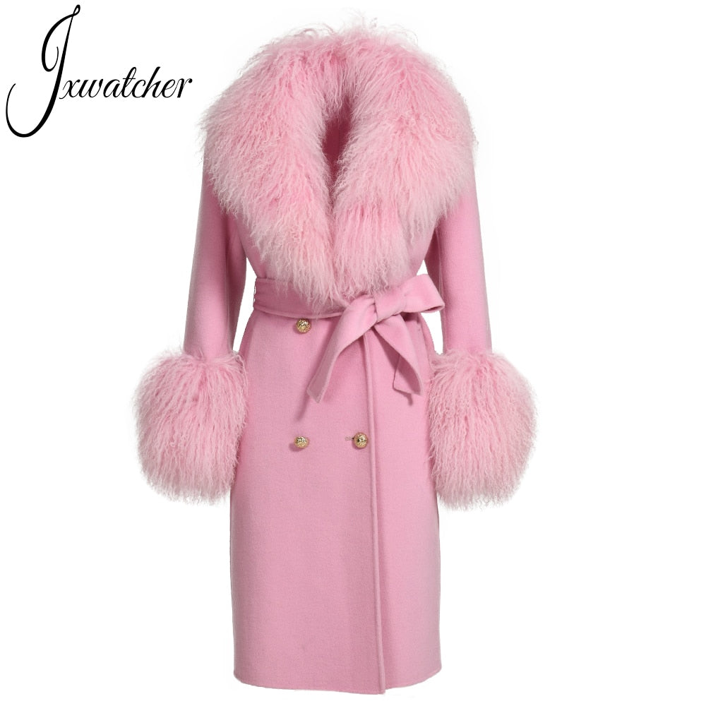 Wool Cashmere Coat With Luxury Real Mongolian Sheep Fur Collar